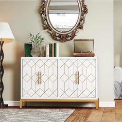 2116b  47.8" Accent Storage Cabinet with 4 Doors, Modern Sideboard Buffet Cabinet with Gold Lines, Wood Decorative Credenza with Storage for Living Ro