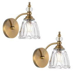 (Brand New in Box)  Vintage Brass Wall Sconces Set of Two, Brushed Gold Bathroom Vanity Light Fixtures, Hardwired Sconces Wall Deco Set of 2, Glass Wa