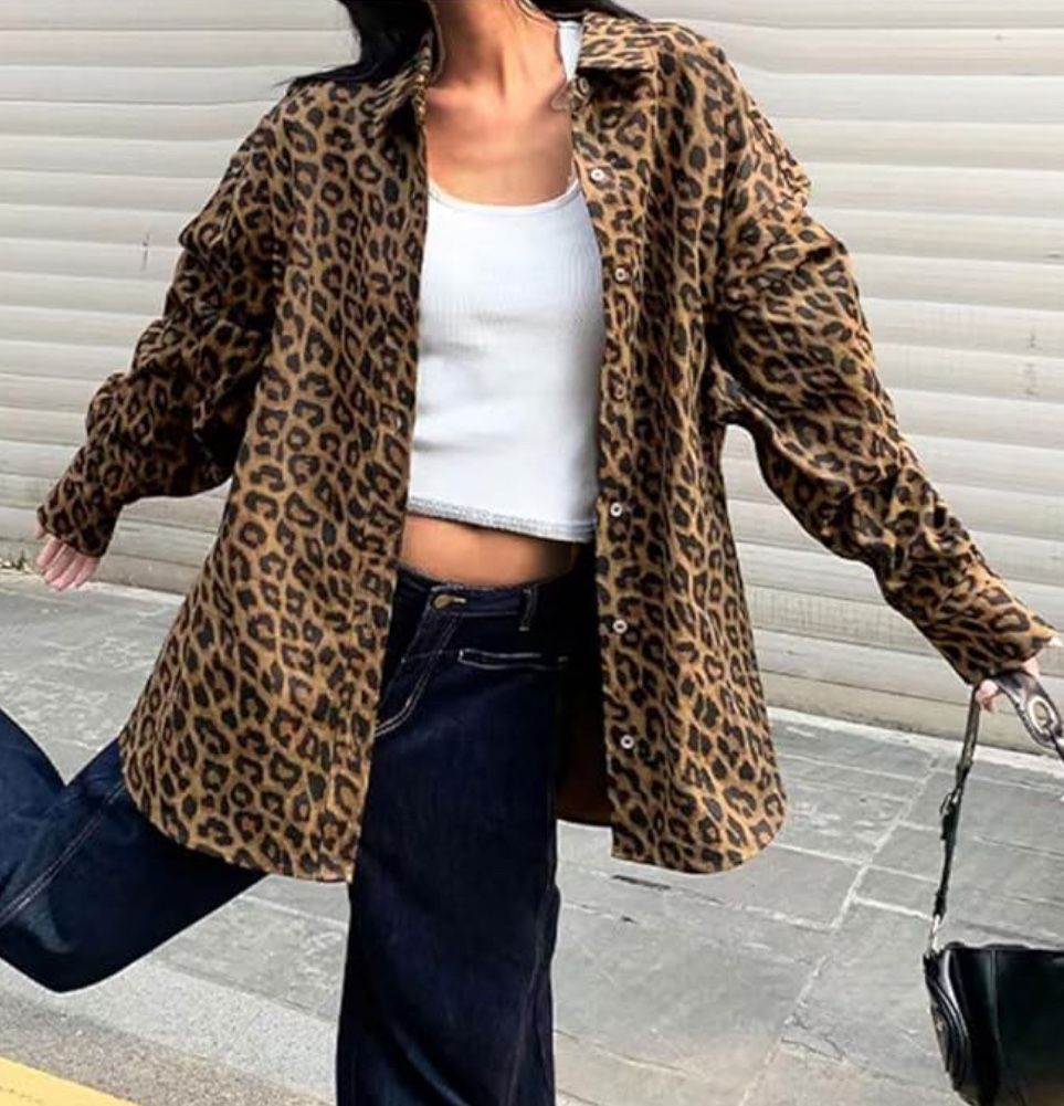 loveimgs Women Vintage Leopard Print Jacket Fall Button Down Shirt Oversized Shacket Open Front Cardigan
