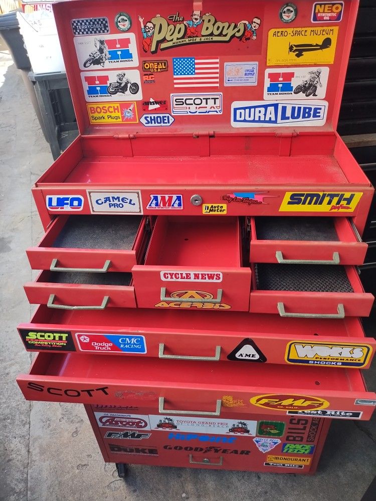 Small Tool Box. 42"Tall. Don't Know The Brand. All Drawers Open & Close. One Drawer Handle Is Broken From Center Still Works Fine. No Key.