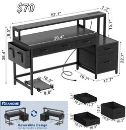 😀 61 Inch Gaming Desk with Charging Station and LED Lights, Reversible Computer Desk with Storage Drawer and Monitor Stand, Modern Desk Table with Fi