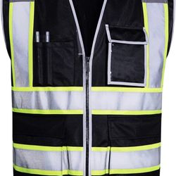 SKSAFETY Safety Vest for Men with 10 Pockets, High Visibility Reflective Vest, Work Vest for Men, Construction Vest, Security Vest, Black Safety Vests