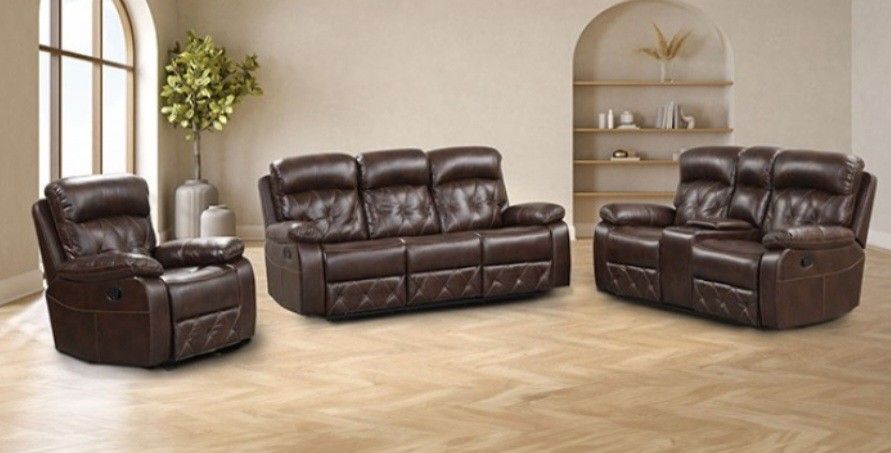 Brand New Brown Leather 3pc Reclining Sofa Set