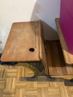 Vintage school desk, oak, and iron with ink well