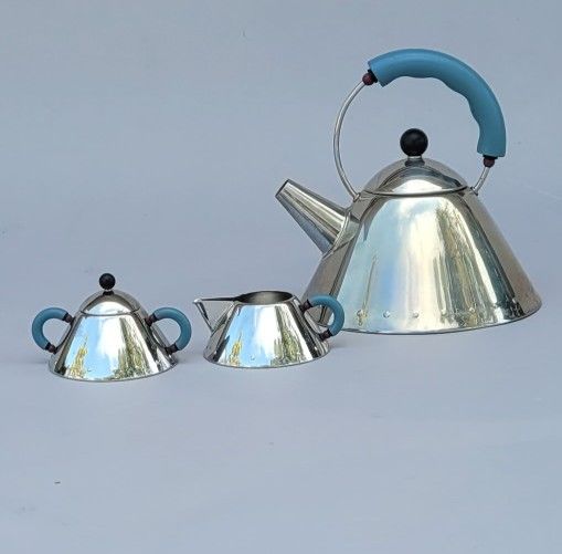 Vintage Mid Century 1980's Alessi Michael Graves Teapot Kettle Creamer Sugar Bowl Induction Stainless Steel Made In Italy5
