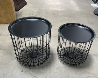 New Round Coffee Table Set of 2 with Steel Wired Basket Body and Removable Top,
