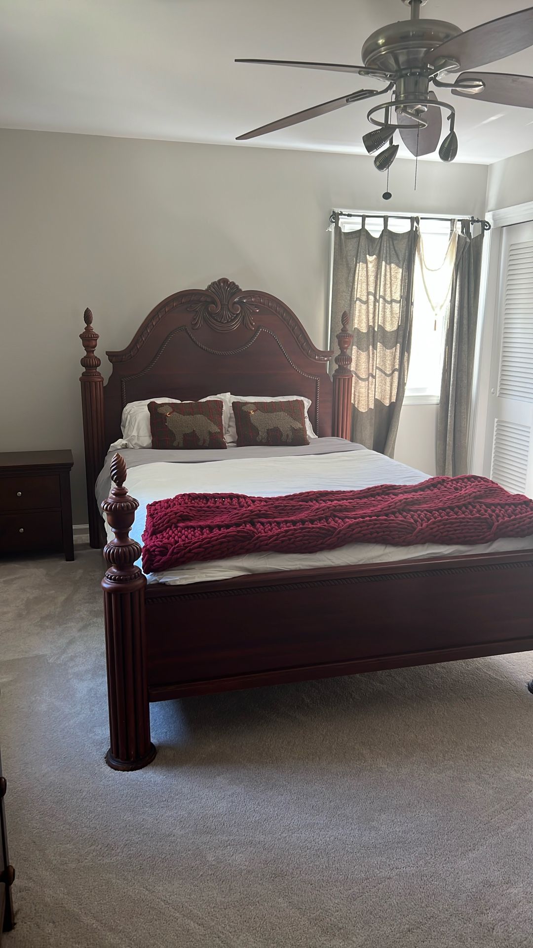 Beautiful Queen Cherry Antique Poster Bed With Box Spring & Mattress & Dresser, Chest, & Nightstand