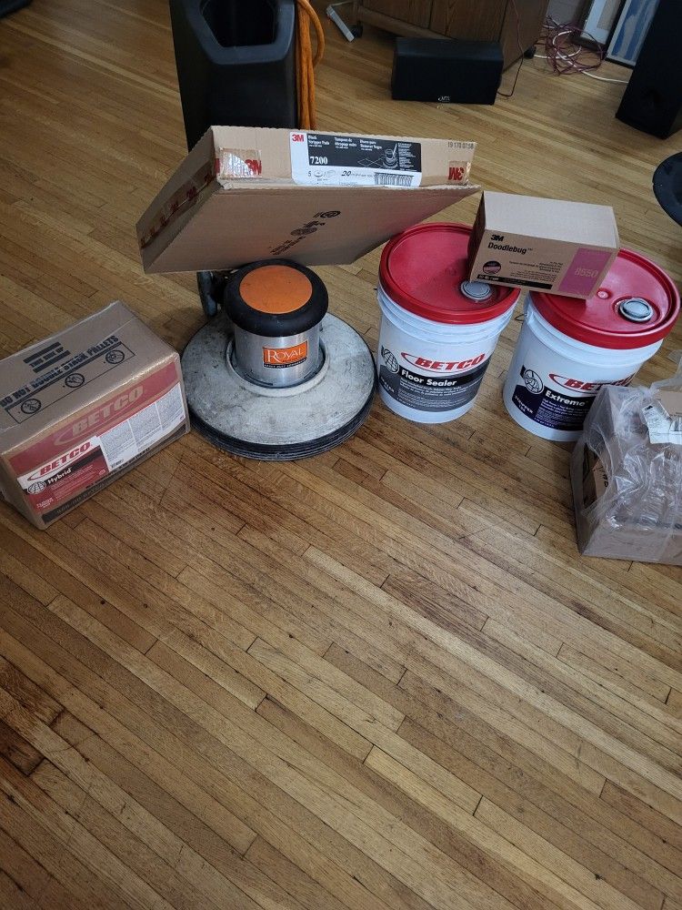 PLEASE READ DESCRIPTION FOR Quantity Floor Scrubber,stripper, Wax Sealer, and Pads