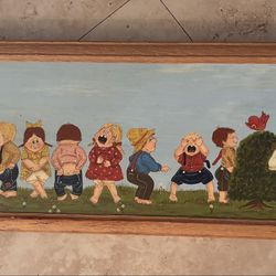 wooden framed kids in line at outhouse scene