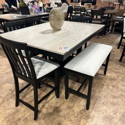 Dining Table SET 6 PC COUNTER HEIGHT, WHITE and BLACK MARBLE
