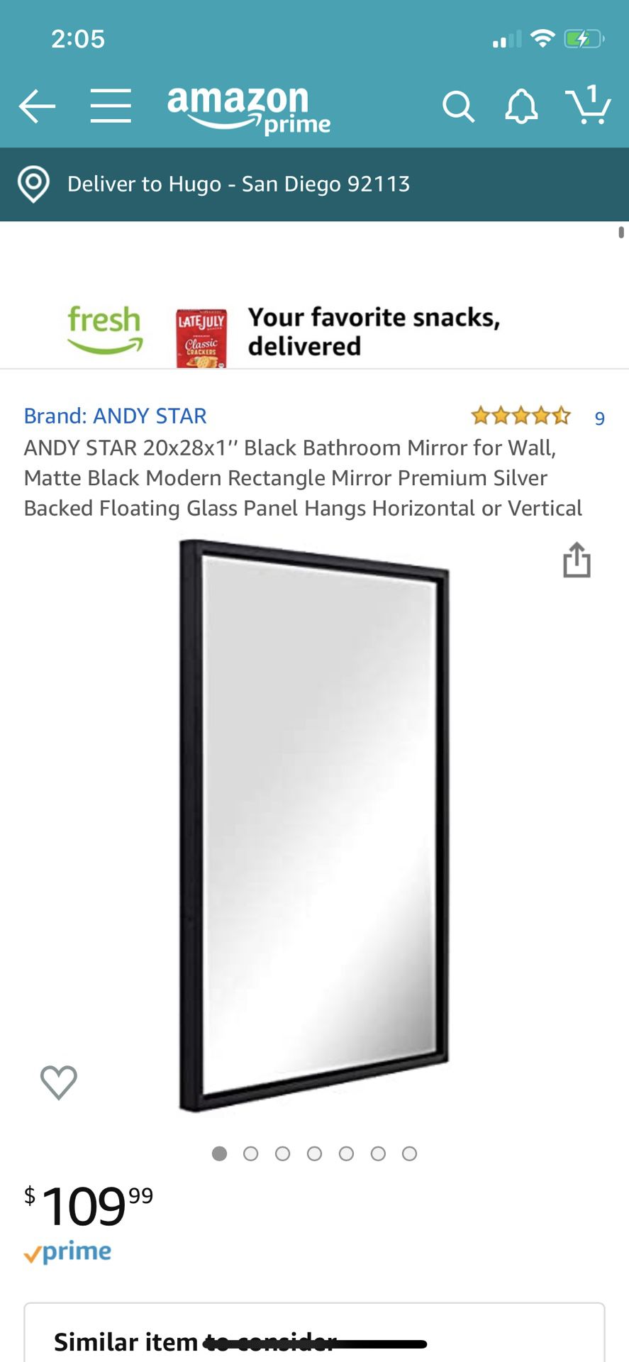 ANDY STAR 20x28x1’’ Black Bathroom Mirror for Wall, Matte Black Modern Rectangle Mirror Premium Silver Backed Floating Glass Panel Hangs Horizontal o