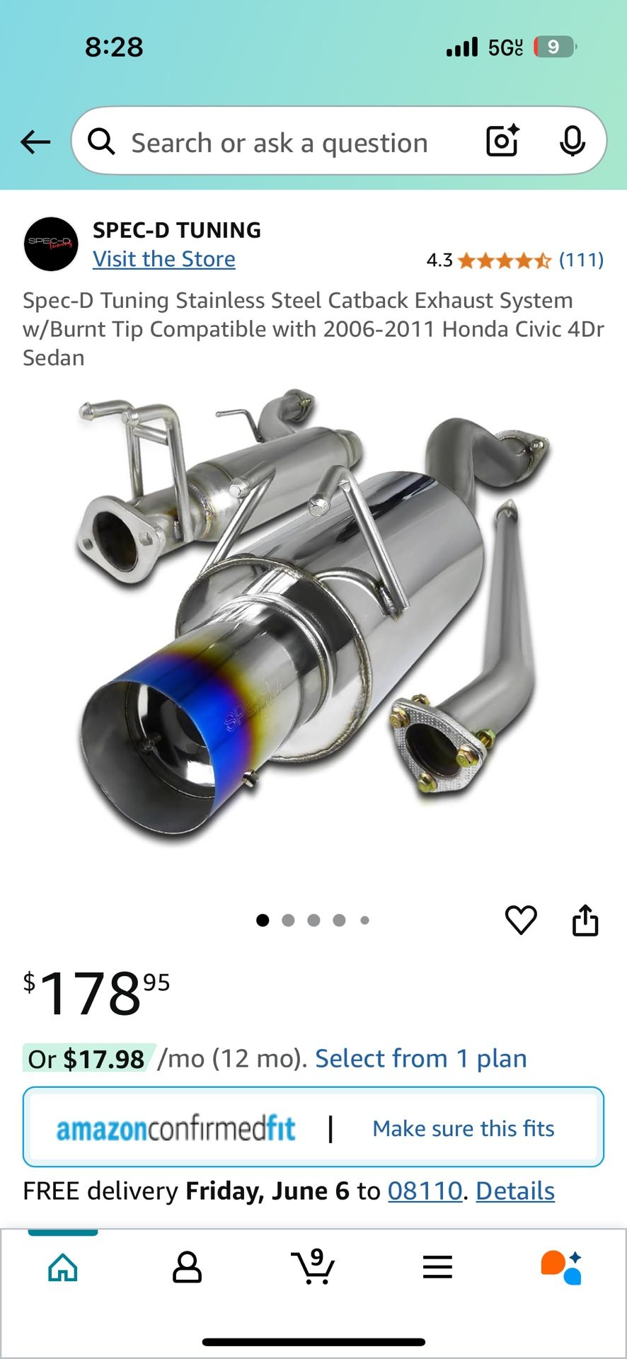Tuning Stainless Steel Catback Exhaust System w/Burnt Tip Compatible with 2006-2011 Honda Civic 4Dr Sedan