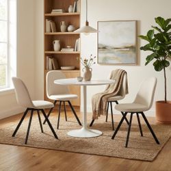 Homy Casa Clift 5PC Dining Set 31.5” White Round Dining Table with 4 Sunflower Swivel Beige Fabric Dining Chairs