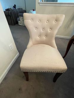 2 Elegant Beige Tufted Host Dining Chairs – Nailhead Trim