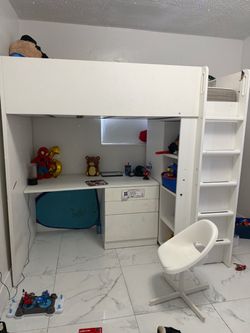 White Loft Bed with Desk and Storage