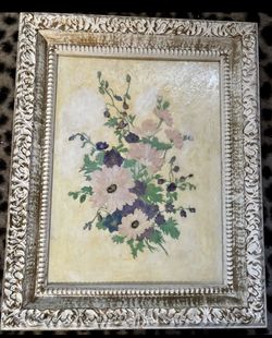 Vtg 1963 Signed Oil Painting Yellow Floral Cottagecore White Gold Wood Frame