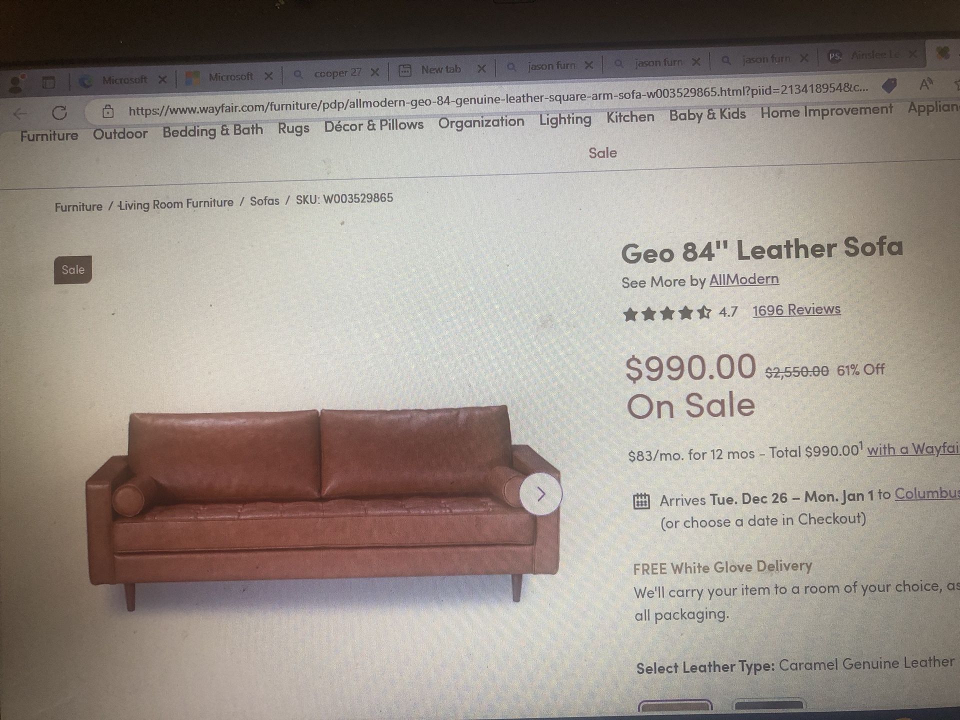Nice Looking Caramel Sofa 73” Great For Small Places