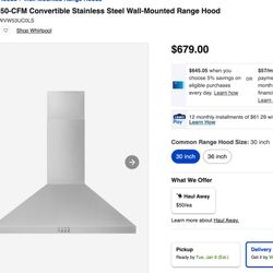 30” Whirlpool Stainless Steel Wall Mounted Vent Range Hood