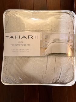 Tahari Home King Comforter Set – 3-Piece, 100% Cotton Top, Grey – Brand New Sealed