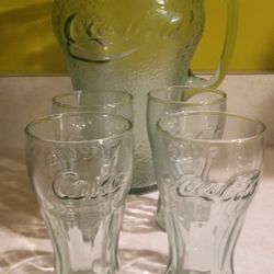 Vintage Glass Coca Cola Pitcher & Glasses

