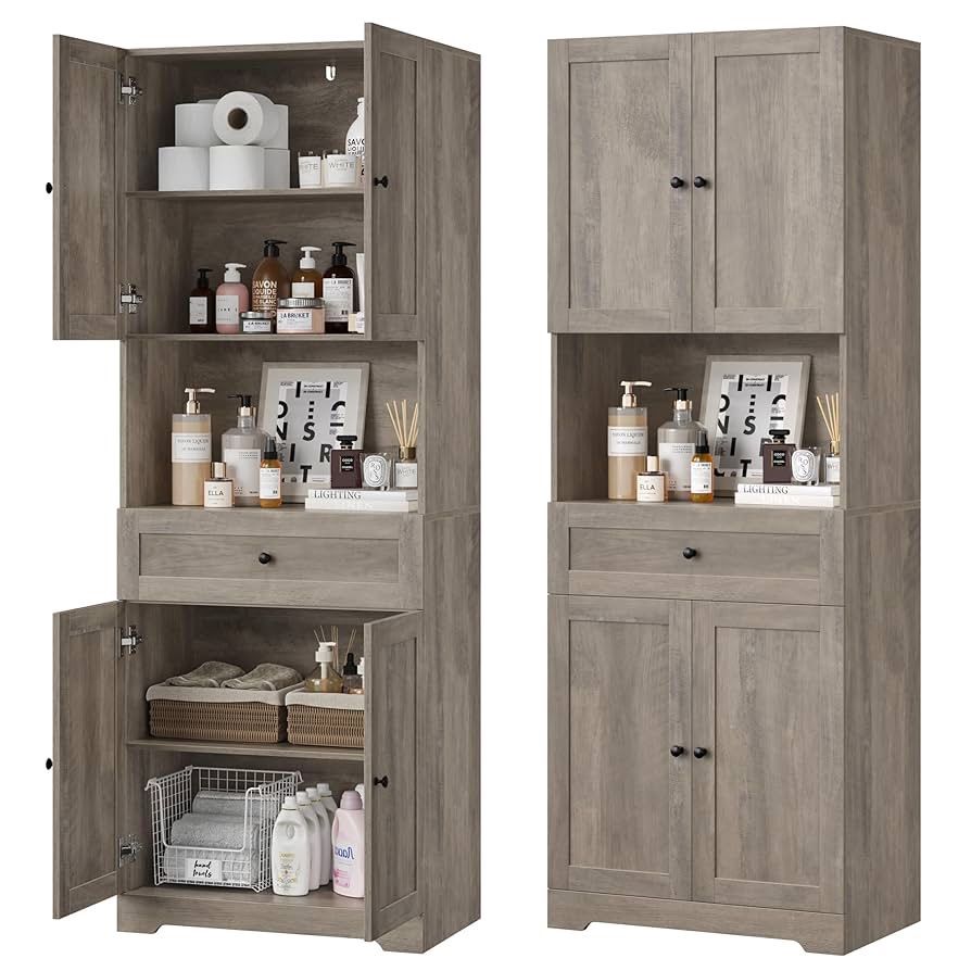 Tall Bathroom Storage Cabinets, Farmhouse Linen Cabinet with 4 Doors & Wide Shelves & Drawer, 67” Tall Storage Cabinet Freestanding for Bathroom, Dini