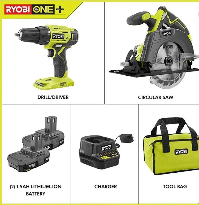 Ryobi 18V Drill and Circular Saw Starter Kit with Two 1.5Ah Batteries and Charger