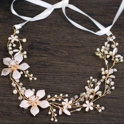 adjustable gold tone wire Bridal wreath Crown with pearl and rhinestone