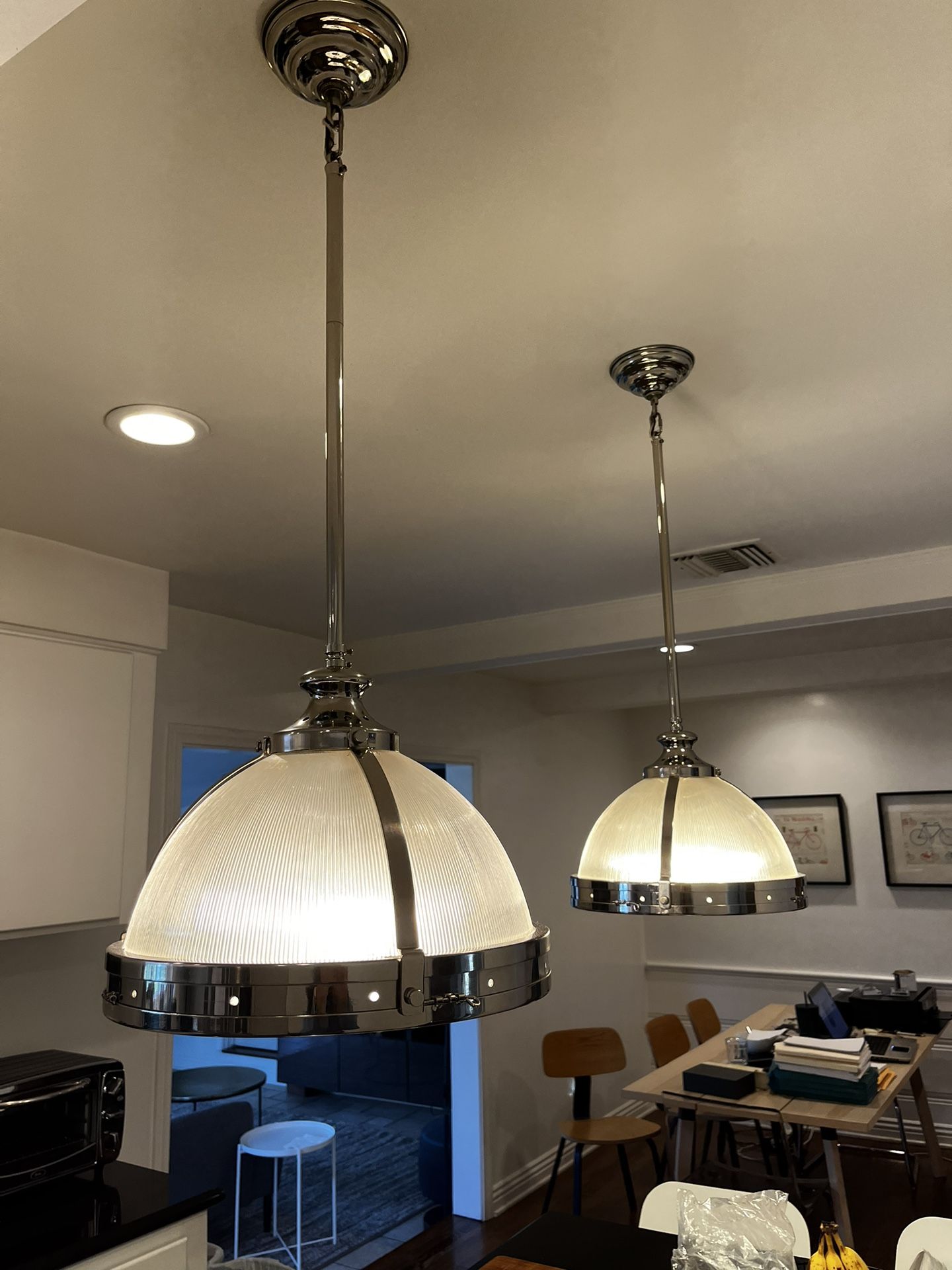 Set Of 2 Restoration Hardware Clemson Prismatic Chrome Pendant Lights-$200/pair