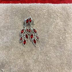 Dangling Silver And Red Stone Earrings 