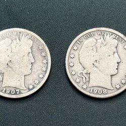 Set Of 2 Barber Half Dollars 1907 & 1908-O