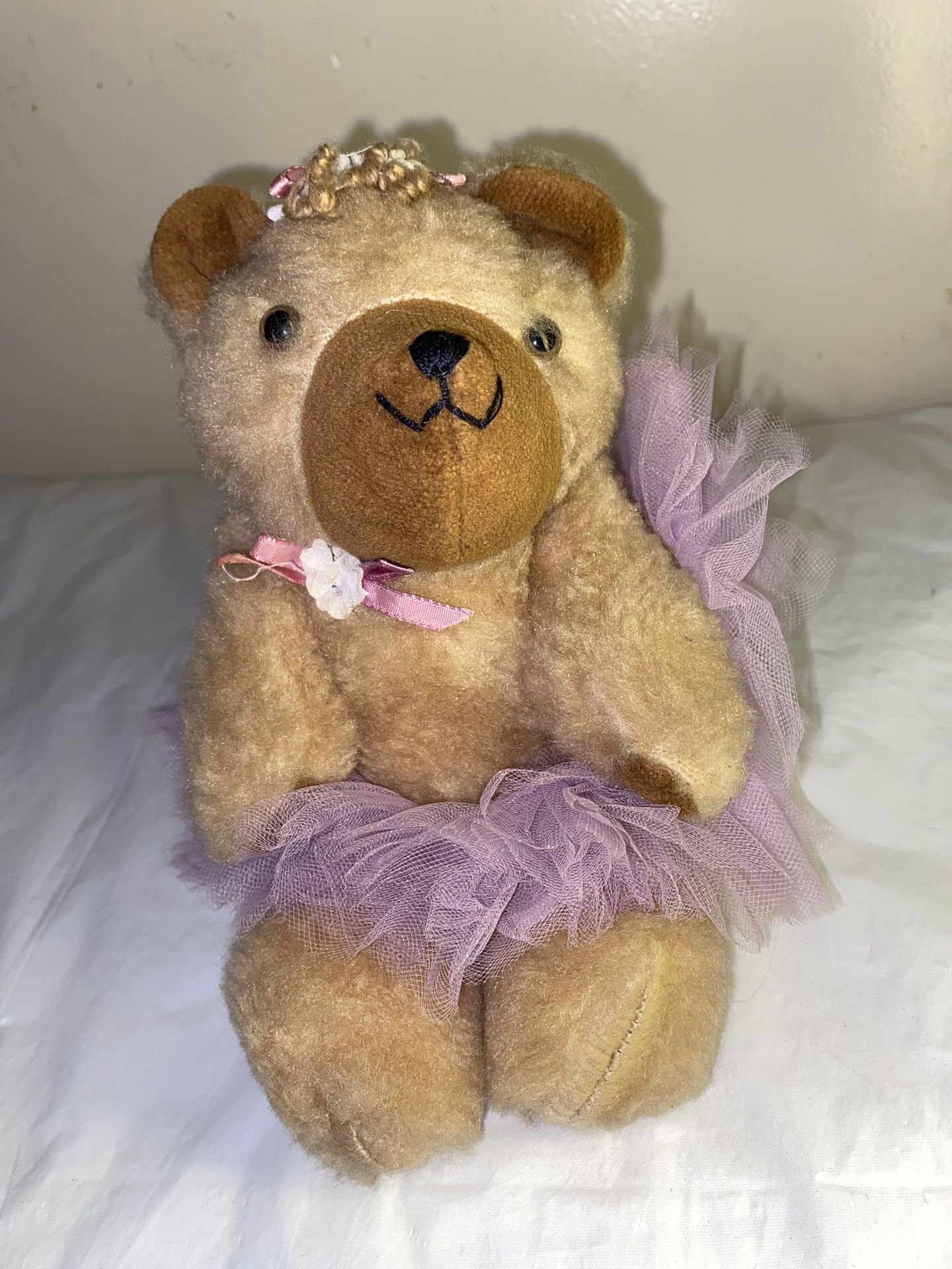 Vtg Teddy Bear Jointed purple dress bow Ballerina Princess Mini Little