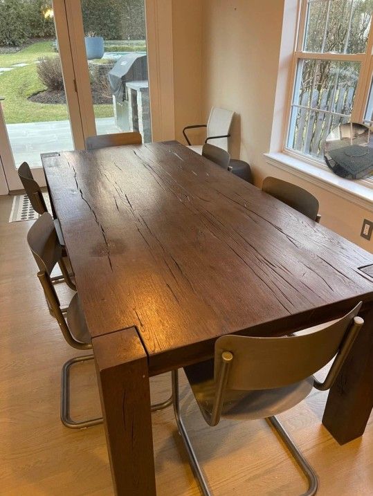 Restoration Hardware Reclaimed Oak Parsons Rectangular Dining Table & 6 Metal Schoolhouse Chairs