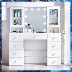 White Glass Top Vanity, Glass Door Cabinets, Mirror & Integrated Charging Station. New, Unassembled