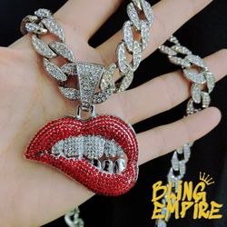 💋 Iced Out Lips & Grill Pendant – Gold & Silver Options 💎
