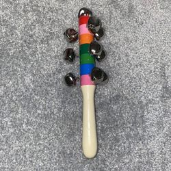 Rainbow wooden hand bell shaker with metal bells 
