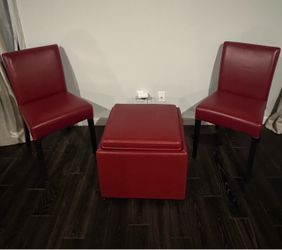 2 Burgundy Dining Chairs + Matching Storage Ottoman