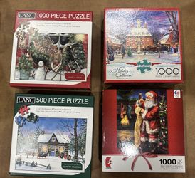 (4) Christmas 1000 Pcs Jigsaw Puzzles Susan Winget’s HEART & HOME, Buffalo Holiday Collection Governor’s Party, Laura Berry’s COUNTRY WELCOME, SANTA C
