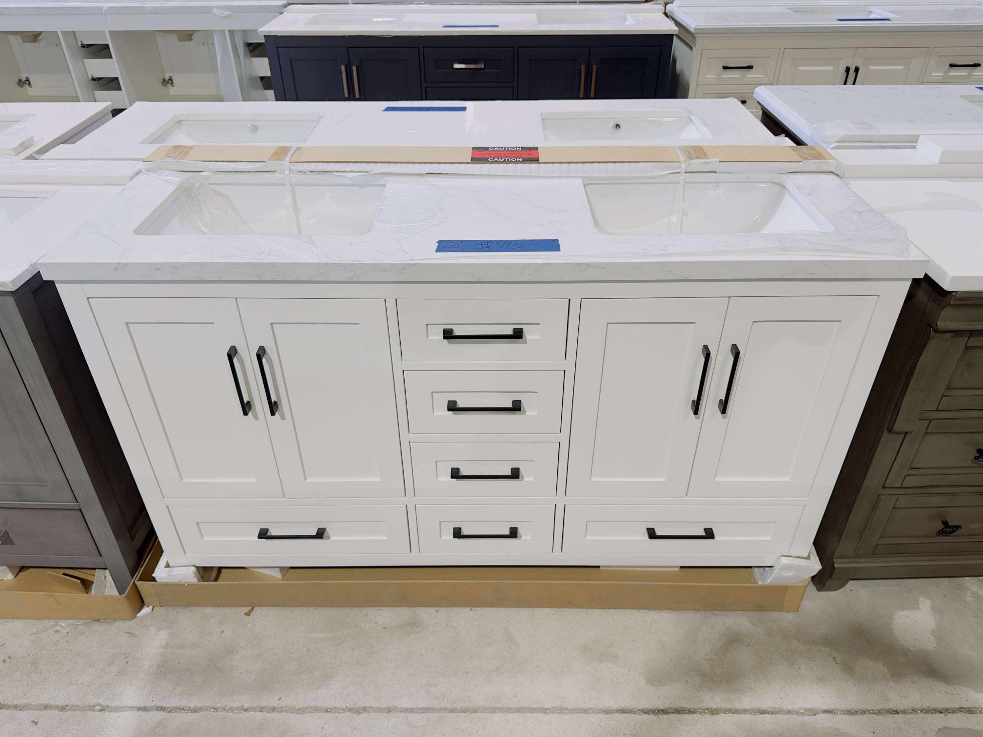 “60” Double Sink Bathroom Vanity in White Color with Black Handles and Vanity Top in White $915