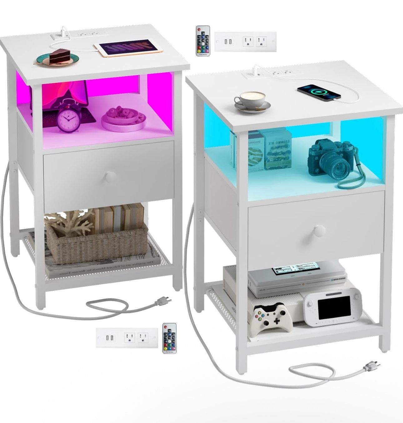 LED Nightstands Set of 2 Bedside Tables Side Table End Table White Fabric-Wood