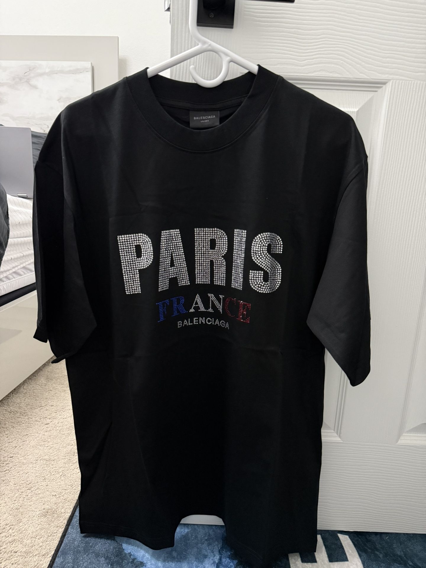 BALENCIAGA Black 'Paris' Strass Vintage Jersey Oversized T-shirt
