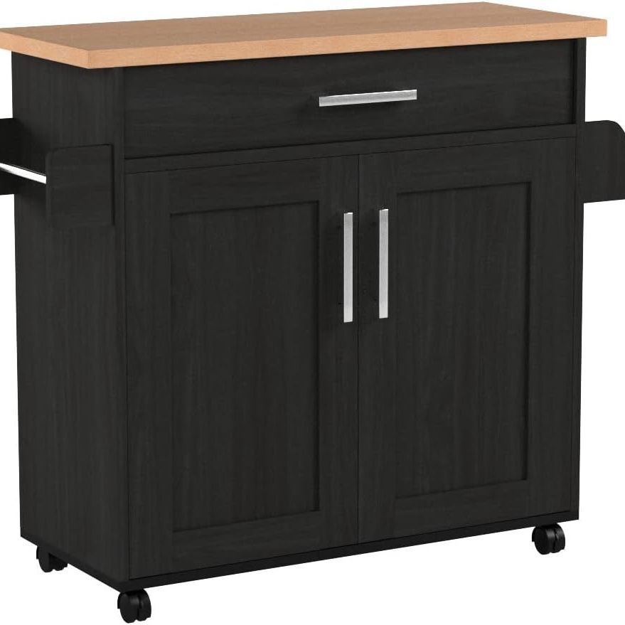 NEW - Hodedah Kitchen Island with Spice Rack, Towel Rack & Drawer, Black with Beech Top - Retail $229 