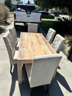 Rustic Farmhouse Dining Table Set – 72” Solid Wood Table + 6 Tufted Upholstered Chairs