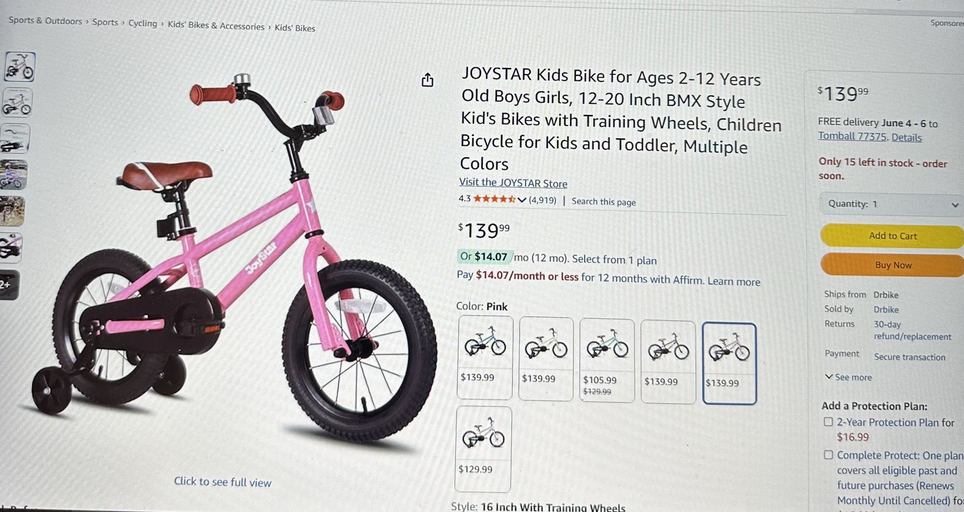 JOY STAR 16” Wheel Base Girl Bike