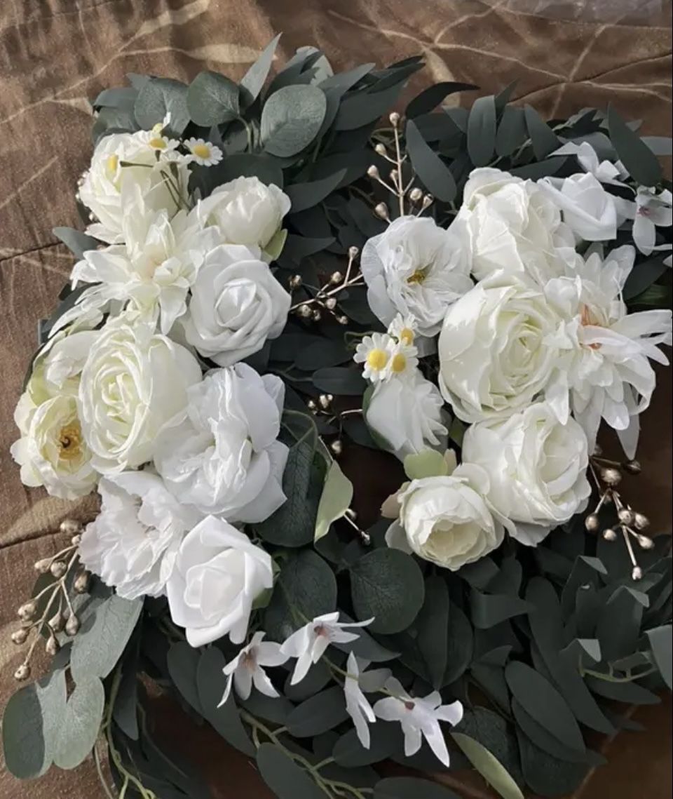 White Roses and Eucalyptus Artificial Faux Flower Garland For Welcome Sign, Arch, Wedding Reception Decoration, Party, Event Decor, Greenery 