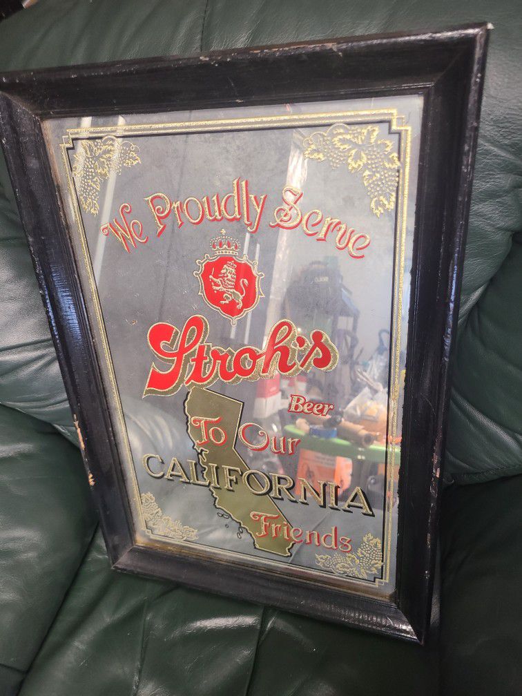 Stroh's Beer Sign Mirror California Vintage Antique Man Cave RAIDERS RAMS $25 FIRM