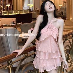 French-style pink floral halter cami dress for women – summer loose-fit, slimming and elegant socialite look, sleeveless tiered (cake) dress