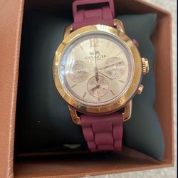 COACH Legacy Sport Chronograph Watch with Rose Gold-Tone Case and Maroon Silicone Band