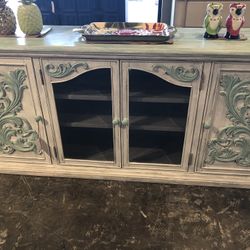 75” Wood Entertainment Cabinet painted in white and beach tone accent colors