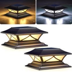 Solar Post Cap Lights 2 Pack, Solar Post Lights Outdoor Waterproof with 2 Color Modes, IP44 Deck Solar Powered for 4x4, 5x5, 6x6 Vinyl/Wooden Posts, D