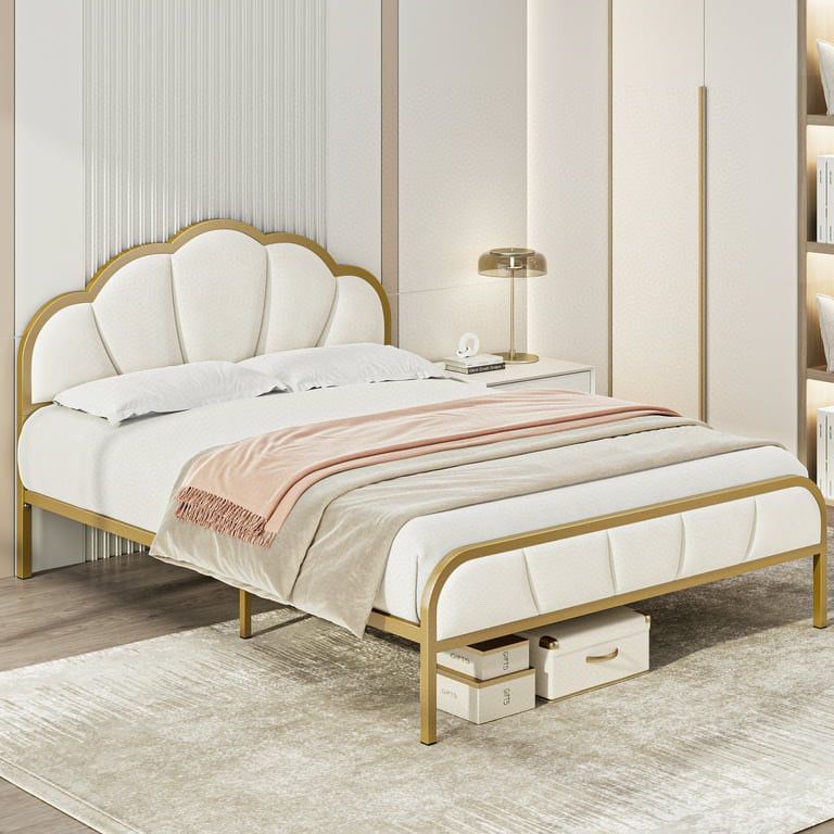 Queen Size Bed Frame, Golden Velvet Upholstered Platform Bed Frame with Headboard for Bedroom
